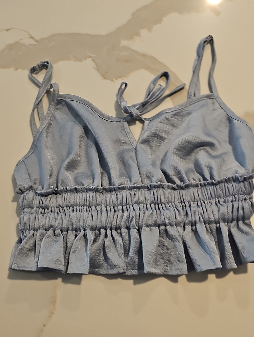 Cotton Candy Light Blue Smocked Ruffle Crop Top with Ties